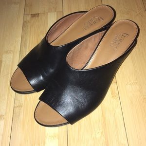 Franco Sarto blk leather open toe slide mule heel